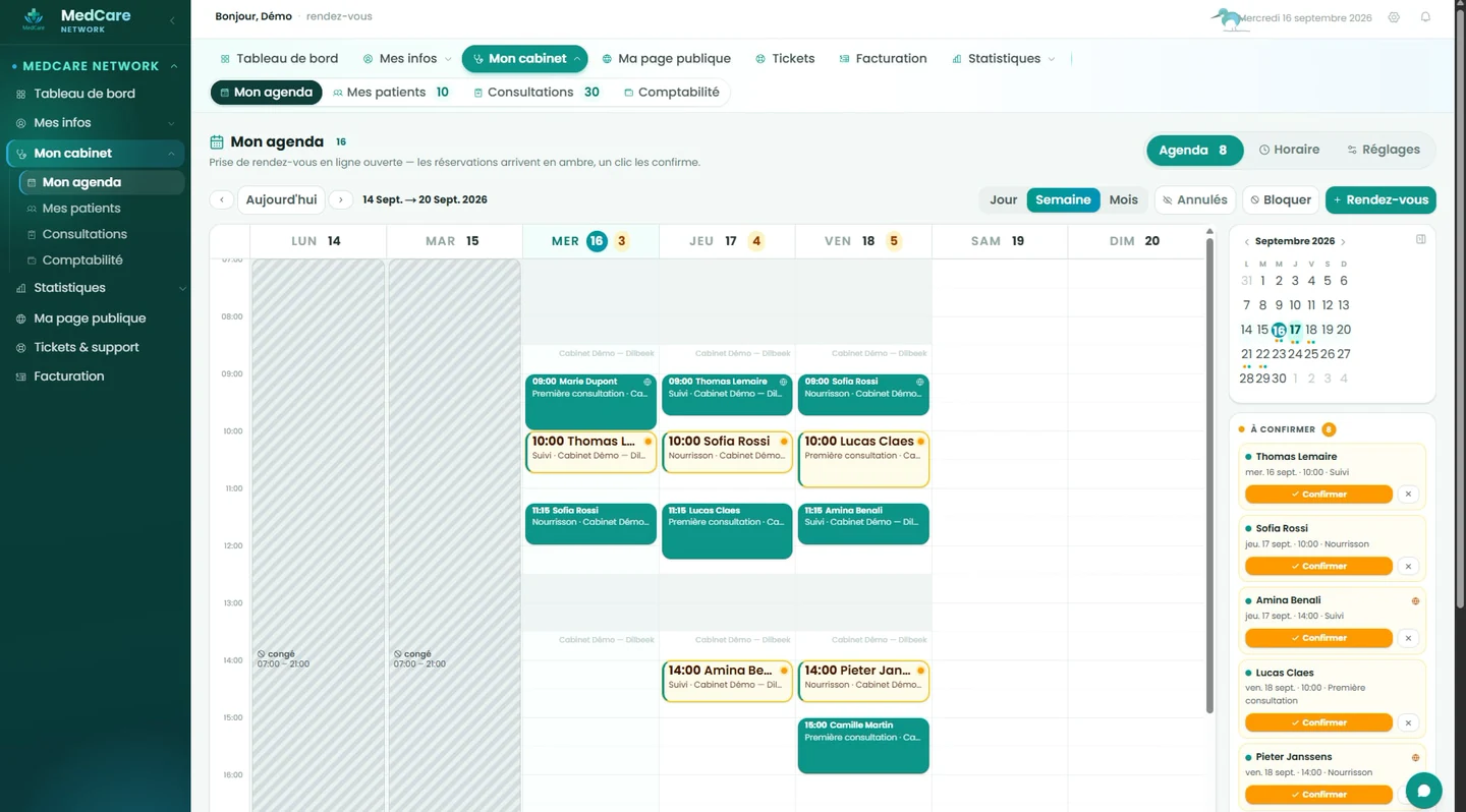 Agenda — capture du logiciel MedCare Network, données de démonstration
